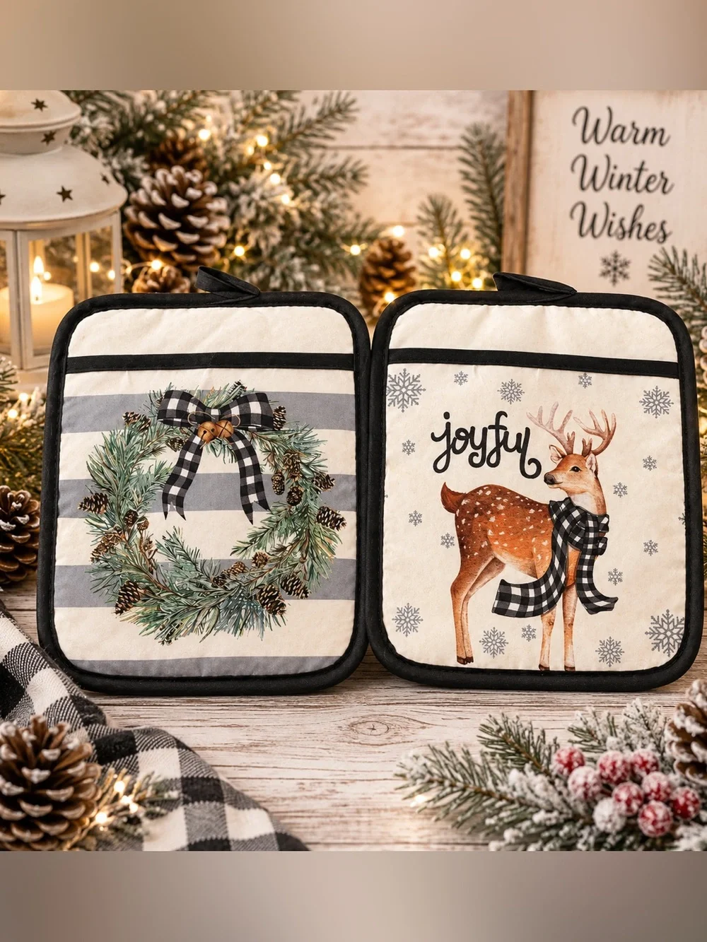 Holiday Farmhouse Joyful Reindeer and Wreath Pot Holder Set